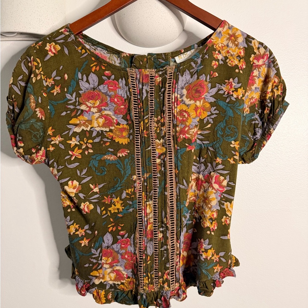 Vintage H.I.P. Fusion Olive Floral Boho Peplum Top